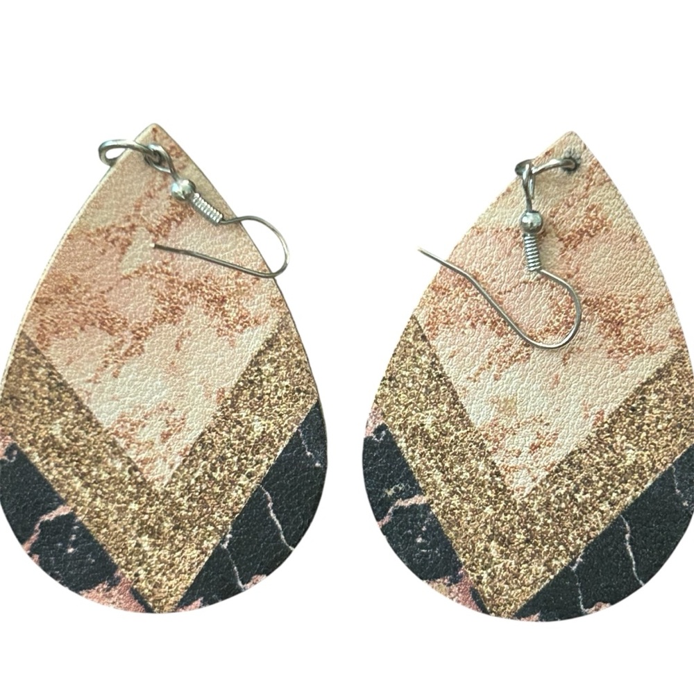 Teardrop‎ Faux Leather Earrings Chevron Marble Gold Glitter Black Dangle